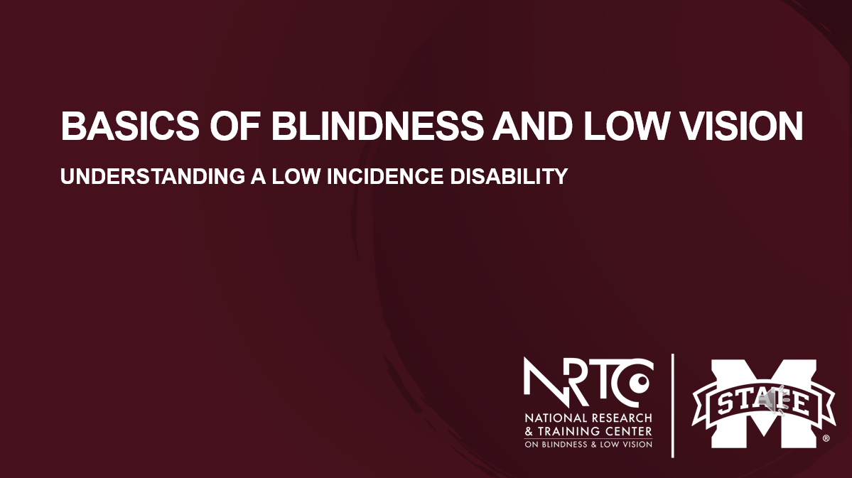 Intro slide of the Basics of Blindness and Low Vision video. Slide has the title of the video on a maroon background, with the NRTC and MSU logo on the bottom right.