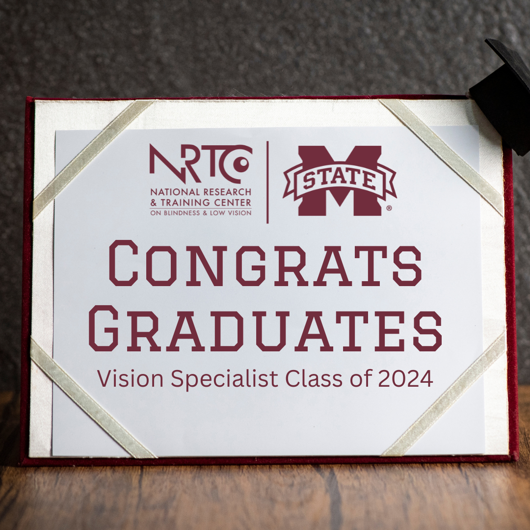 Diploma sitting on a table with the NRTC logo at the top and these words in the center, "Congrats Graduates Vision Specialist Class of 2024."