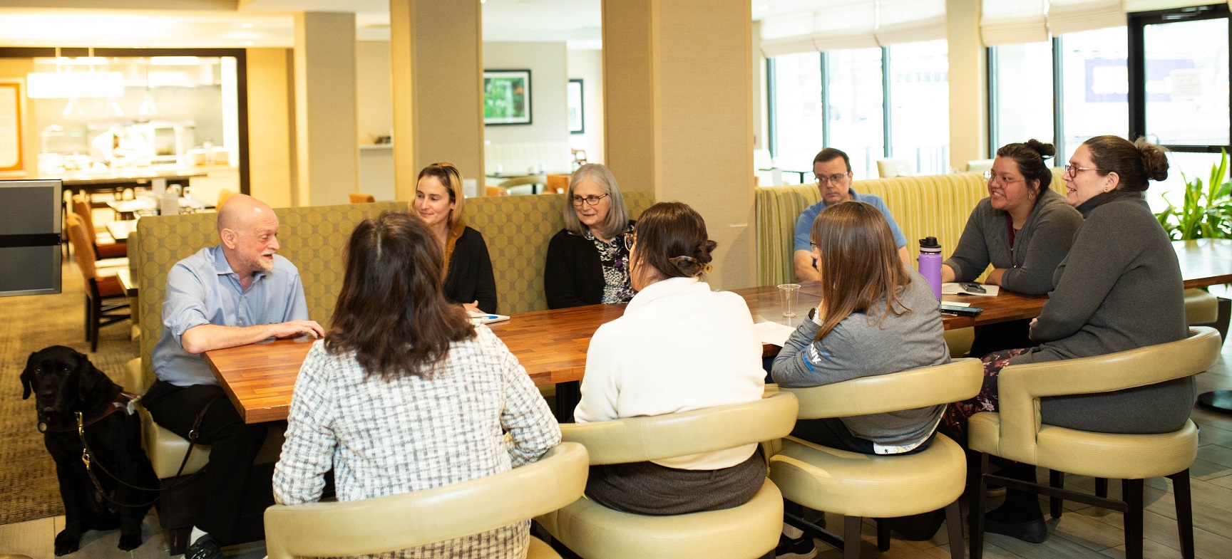 A group of professionals is seated in a casual dining area, engaged in discussion. A guide dog rests beside one of the participants.